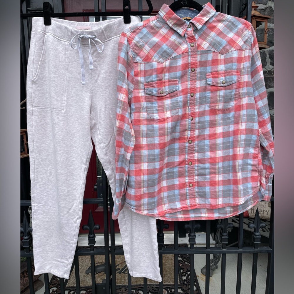 Bundle/ LOU & GREY Joggers Sz M Jacket Sz S  AND Flannel Sz M. All 3 pieces!